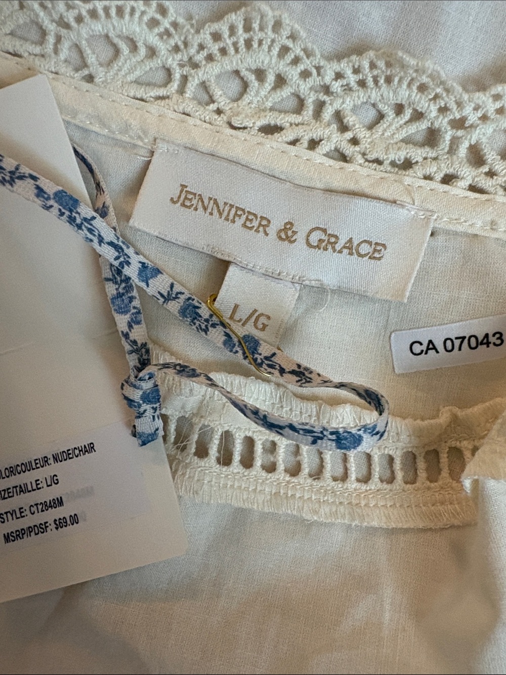 Jennifer & Grace Women’s Cream Embroidered Lace-Trim Tie-Front Top - Picture 9 of 10